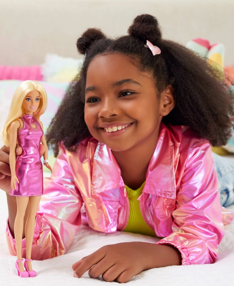Barbie Fashionistas Doll 230 in Metallic Pink Minidress with Heart Cut-Out, Blond Hair