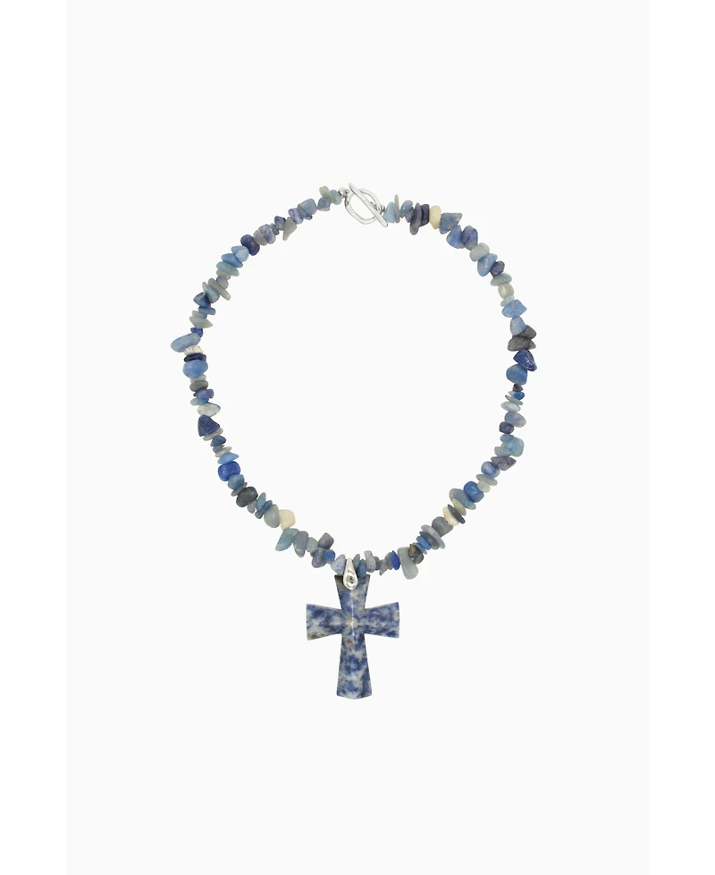 Blue Crystal Beads Cross Pendant Necklace 16.5"