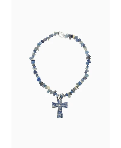 Blue Crystal Beads Cross Pendant Necklace 16.5"