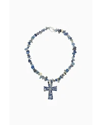 Blue Crystal Beads Cross Pendant Necklace 16.5"
