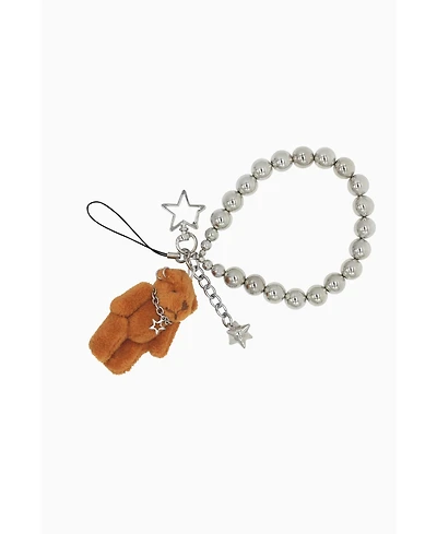 Steel Beads Phone Strap With Light Brown Bear Toy Necklace