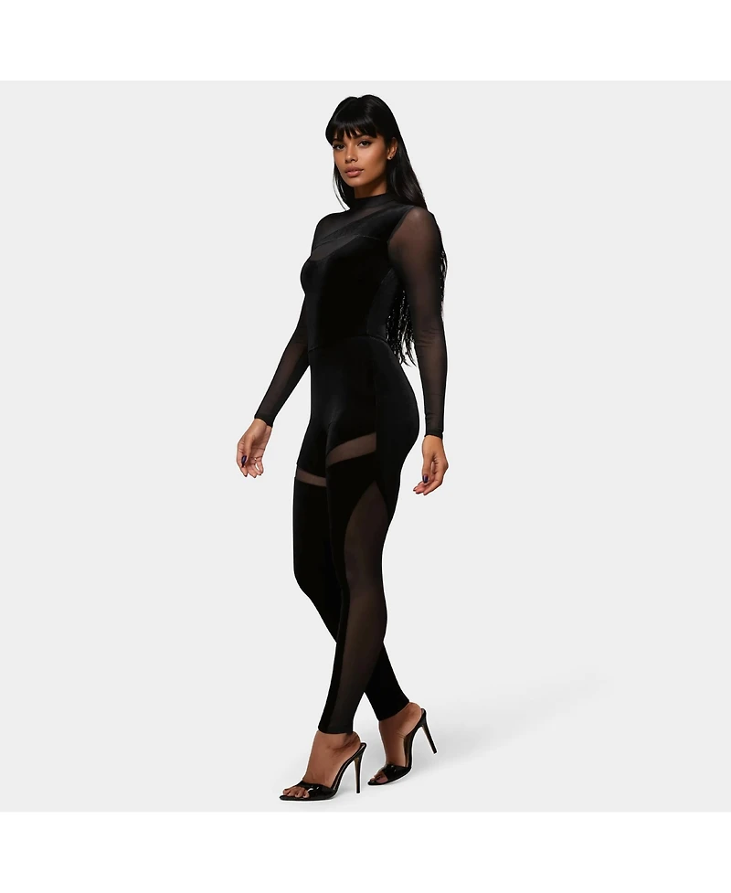 Bebe Women's Bebe X Ciara Combo Velour And Mesh Catsuit