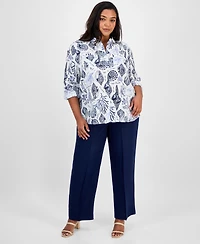 Charter Club Plus Size Toile Affar Button-Front Linen Shirt, Exclusively at Macy's