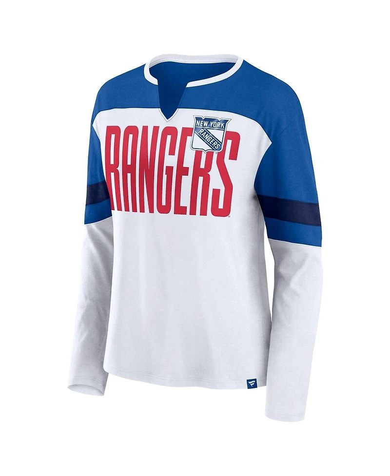 Fanatics Women's White/Blue New York Rangers Frozen Long Sleeve Notch Neck T-Shirt