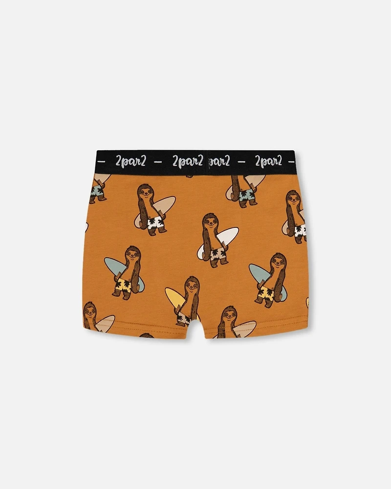 Boy Printed Cotton Boxer Shorts Sloths On Tan Background - Toddler|Child