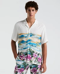 Original Penguin Men's Slim-fit Hibiscus Scene Print Short-Sleeve Button-Down Shirt