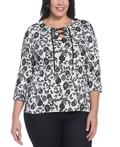 Rafaella Plus Size Floral Print Lace Up 3/4 Sleeve Top