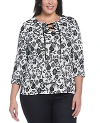 Rafaella Plus Size Floral Print Lace Up 3/4 Sleeve Top