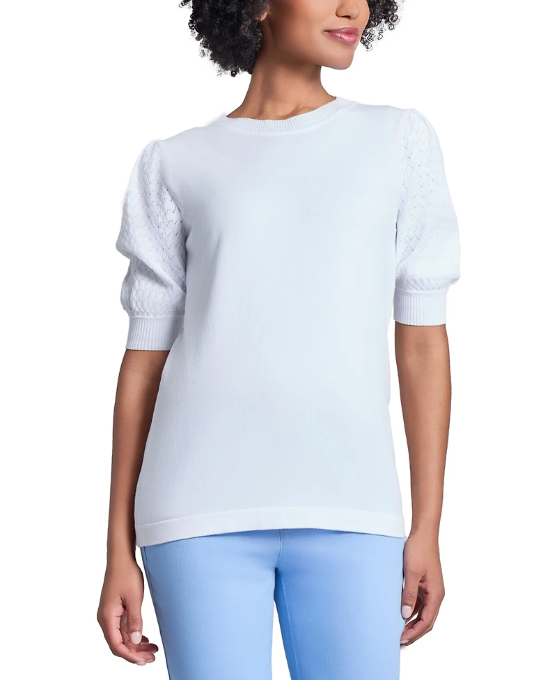 Jones New York Women's Stitch Puff Sleeve Crewneck Sweater