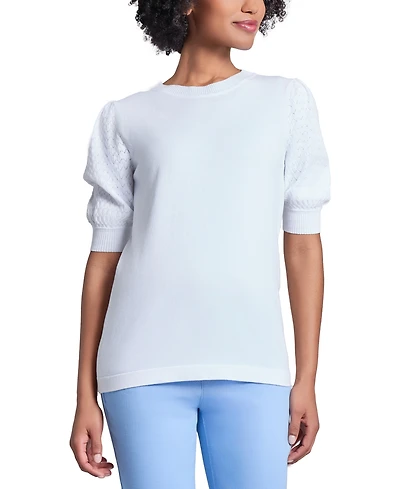 Jones New York Women's Stitch Puff Sleeve Crewneck Sweater