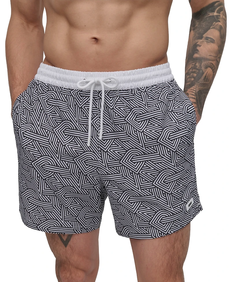 Dkny Men's Euro Black & White Bandana Print Performance 5" Volley Shorts