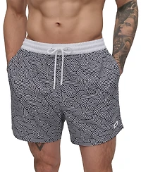 Dkny Men's Euro Black & White Bandana Print Performance 5" Volley Shorts