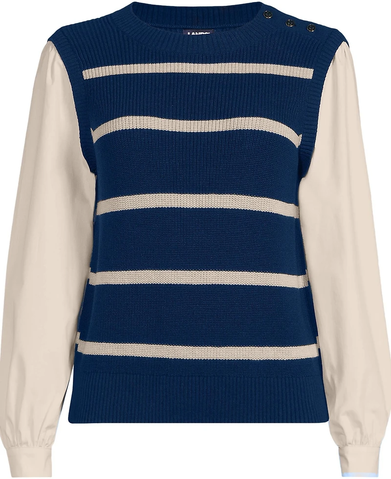 Lands' End Women's Drifter Shaker Button Shoulder Sweater Vest with Poplin Sleeves