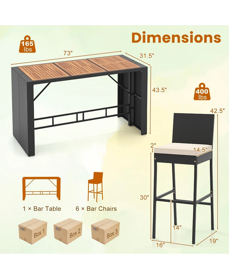 7 Pieces Patio Rattan Bar Set with Seat Cushions for Porch Yard Garden
