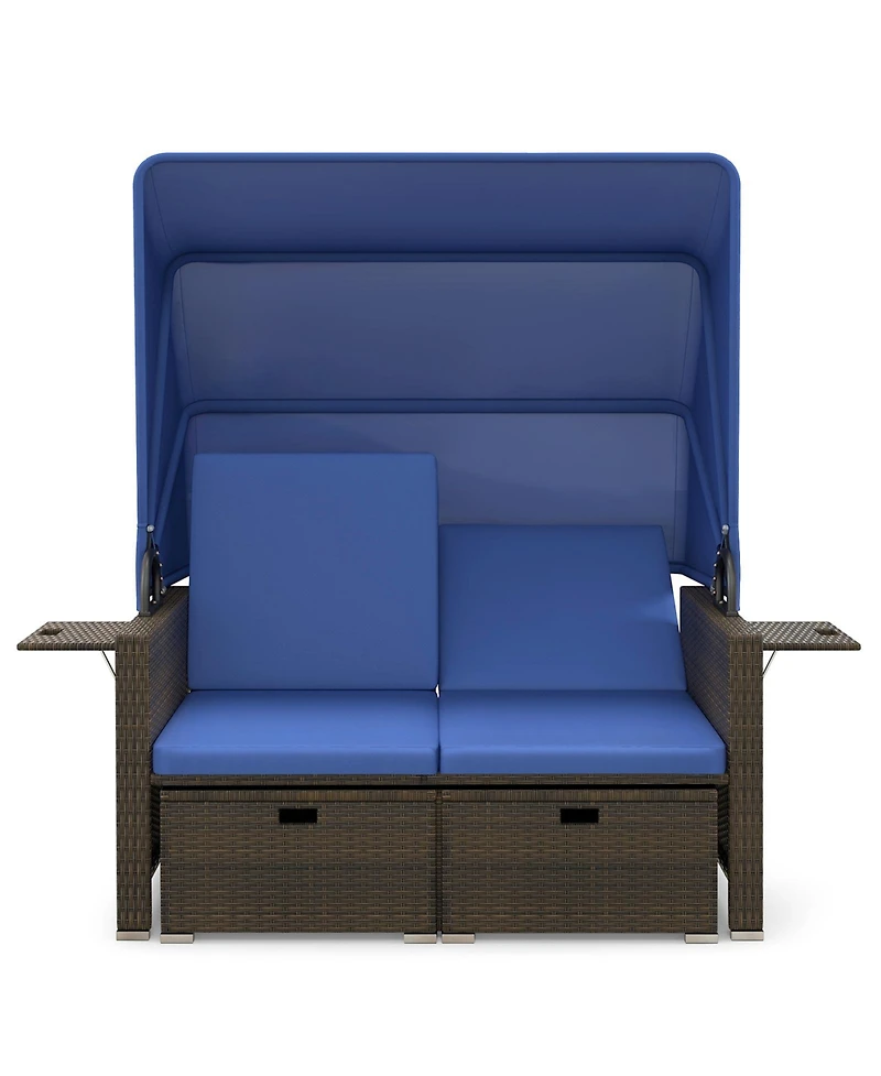 Outdoor Patio Rattan Daybed with Retractable Canopy and Adjustable Backrests