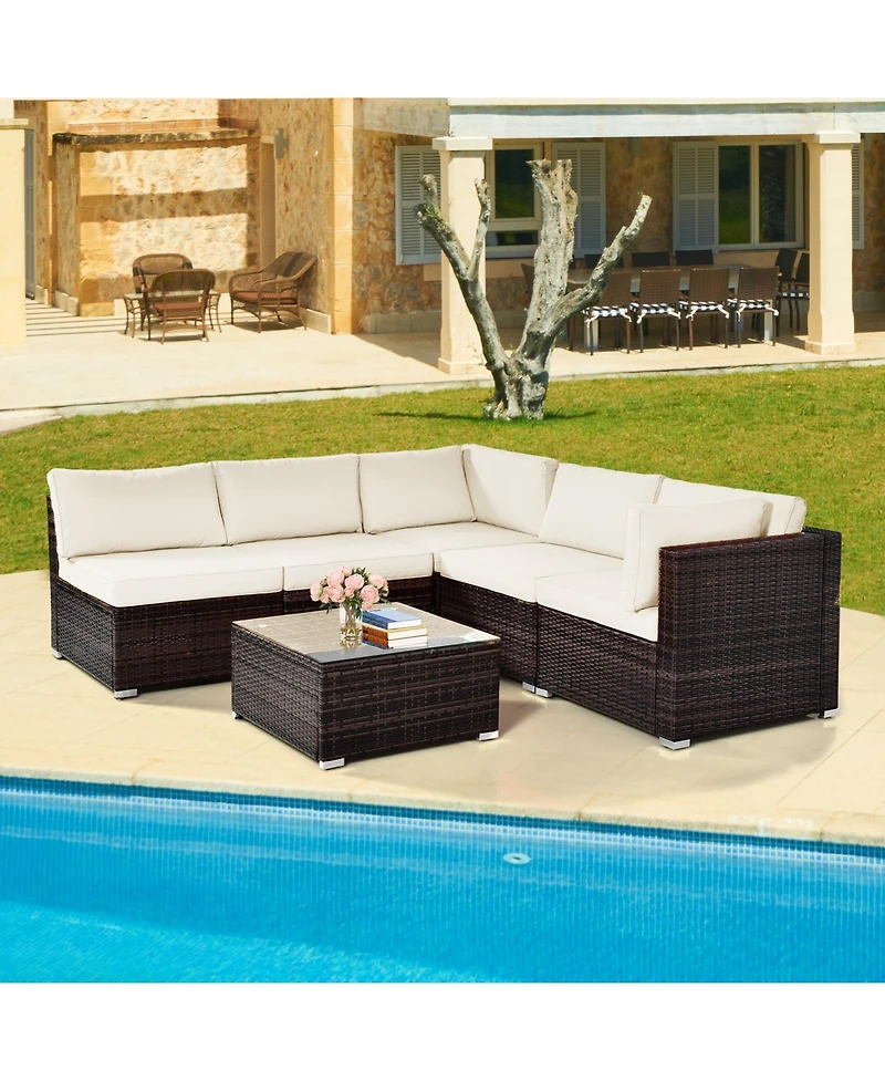6 Pieces Patio Rattan Furniture Set with Cushions and Glass Coffee Table