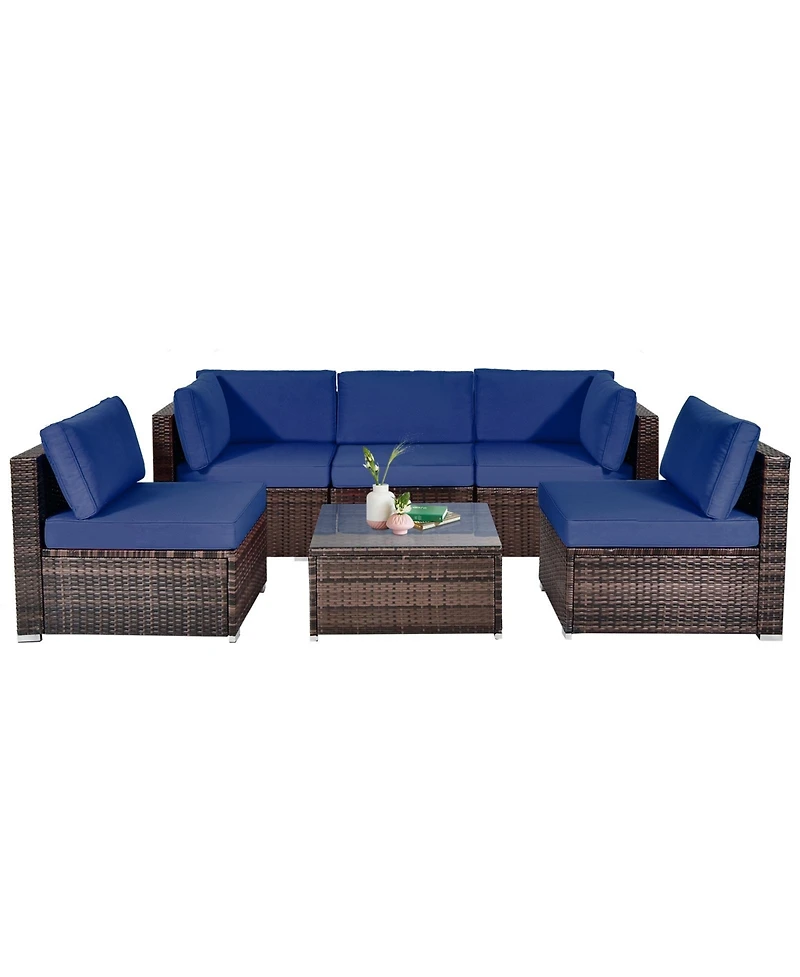 6 Pieces Patio Rattan Furniture Set with Cushions and Glass Coffee Table