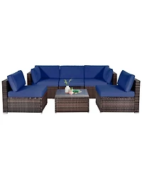 6 Pieces Patio Rattan Furniture Set with Cushions and Glass Coffee Table