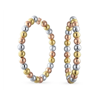 Bling Jewelry Tri Color Bead Hoop Huggie Earrings Gold Plated 2.2 Inch Latch Back Closure