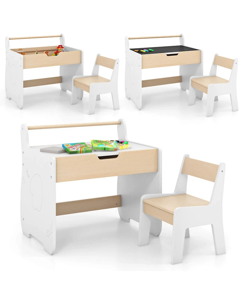 3 In 1 Kids Wood Table and Chair Set with Detachable Tabletop Hidden Storage Paper
