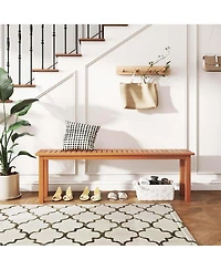 59" Long Patio Dining Bench with Teak Oil Finish & Slat Seat Accent Entryway Bench