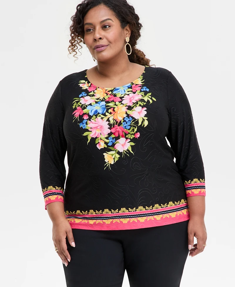 Jm Collection Plus Printed 3/4-Sleeve Top, Exclusively at Macy's