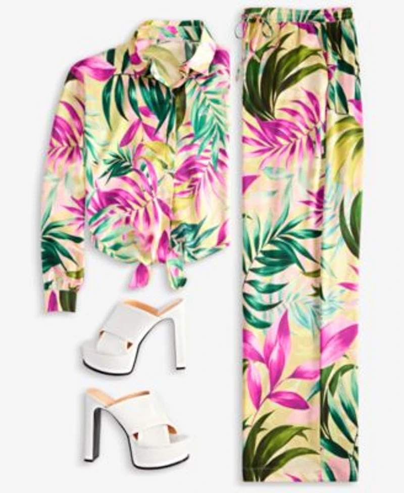 Guess Womens Tie Front Printed Shirt Ines Wide Leg Pants