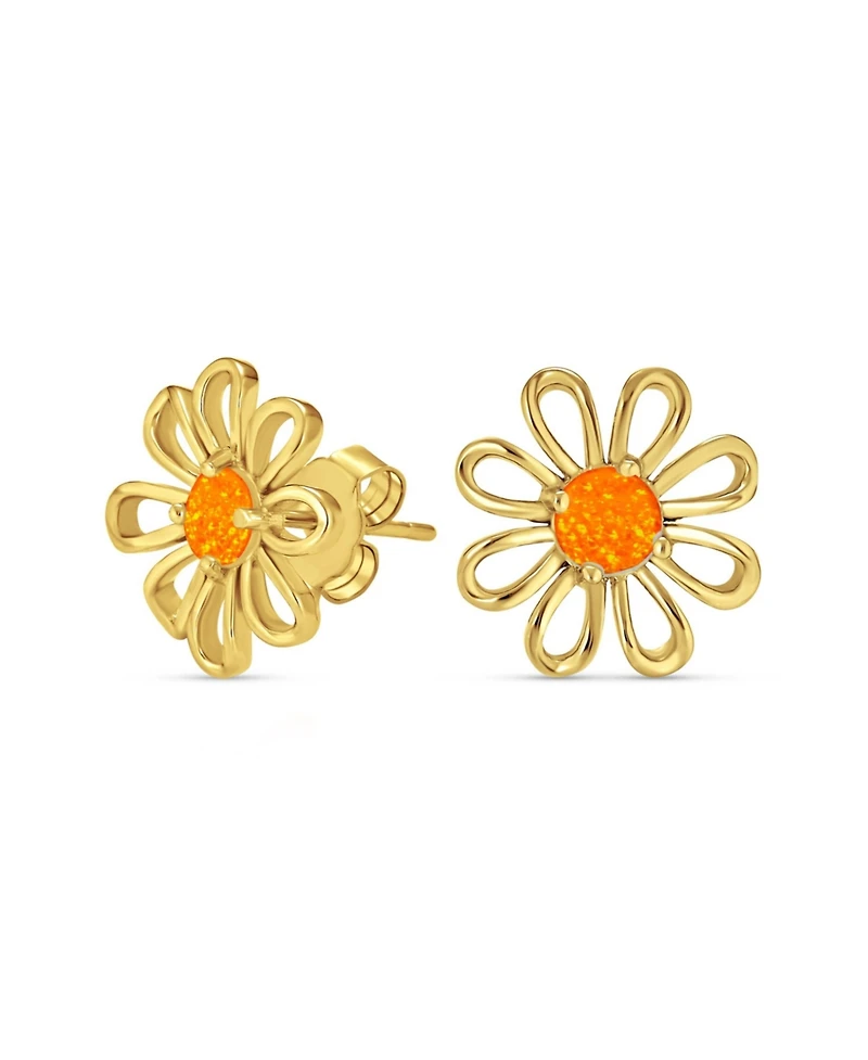 Bling Jewelry Orange Fire Opal Daisy Flower Stud Earrings 14K Gold Sterling Silver