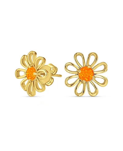 Bling Jewelry Orange Fire Opal Daisy Flower Stud Earrings 14K Gold Sterling Silver