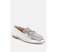 Estafa Horsebit & Studs Metallic Pleather Loafers Women