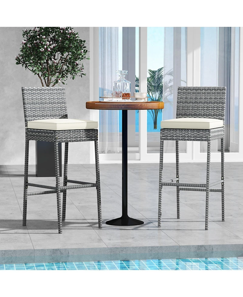 Patio Wicker Barstools with Soft Seat Cushion and Cozy Footrest-Set of