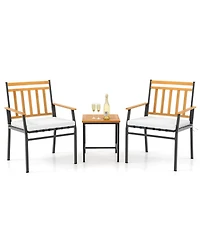 Gymax 3 Pcs Acacia Wood Bistro Set Patio Conversation Set w/ Cushions and Coffee Table