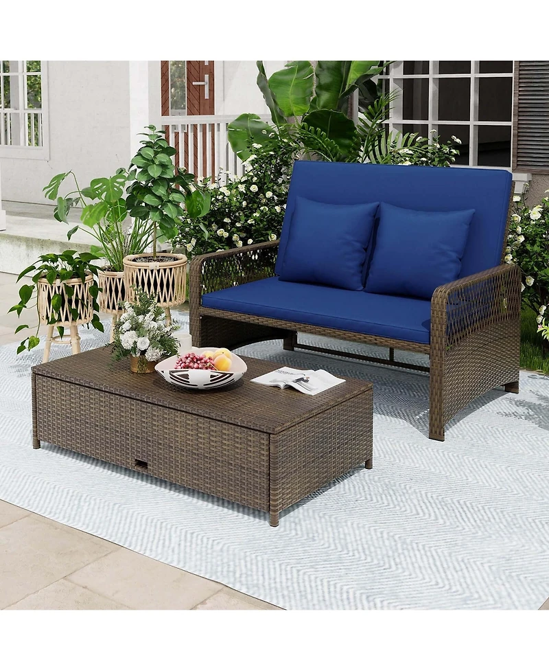 Patio Rattan Daybed Wicker Loveseat Sofa with Multifunctional Ottoman