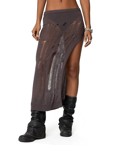 Edikted Womens Jaynie Distressed Knit Maxi Skirt