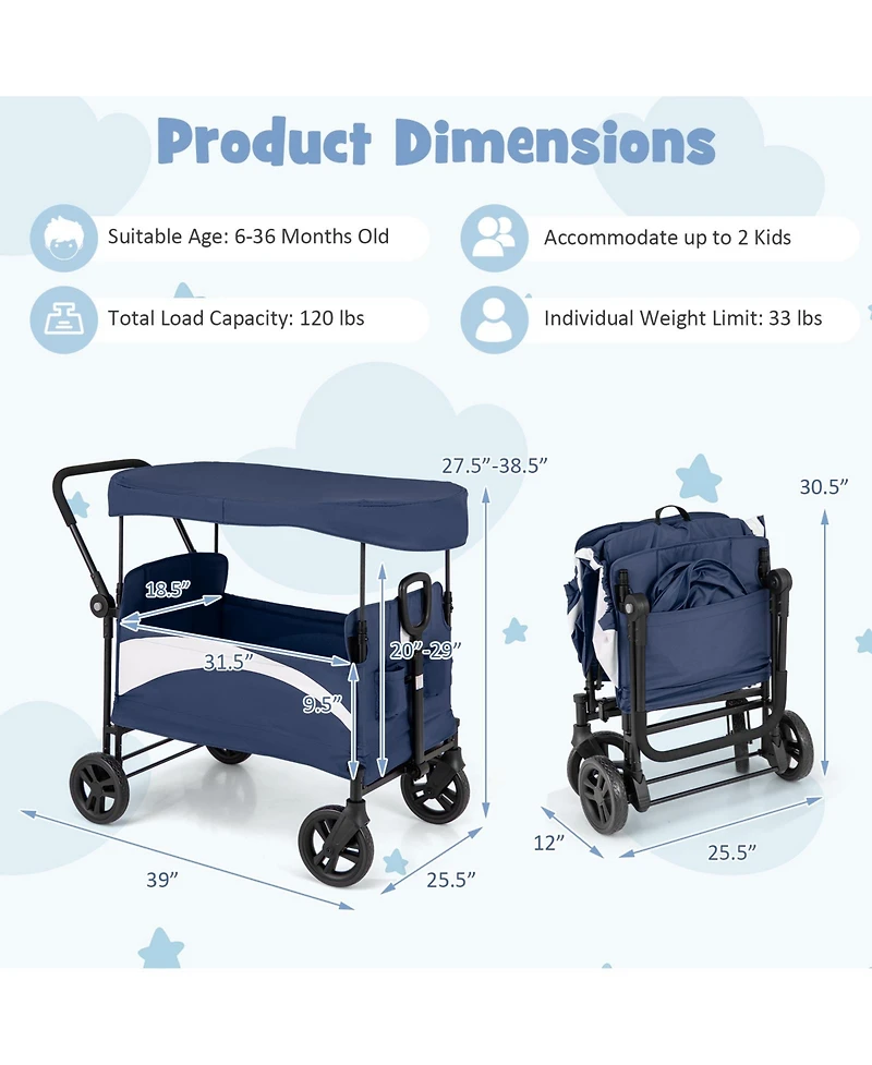 2-Seat Stroller Wagon with Adjustable Canopy and Handles Comfortable and Convenient for Toddlers
