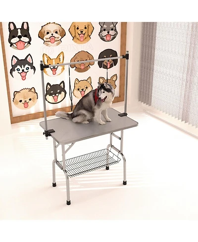 46" Folding Dog Pet Grooming Table Stainless Steel Frame Rubber Mat on Board with Adjustable Arm and Clamps pet dog Cat Grooming Table (Pink Color)