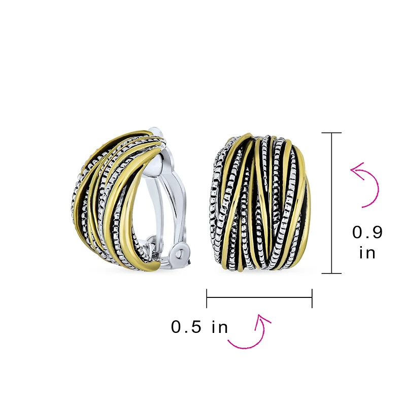 Bling Jewelry Half Hoop Shrimp Style Clip-On Earrings Two Tone Caviar Bead Silver Gold Plated