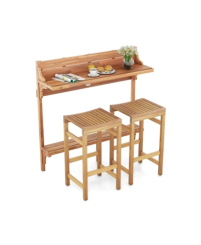 3 Pieces Patio Acacia Wood Bar Table Set with Footrest Curved Wood Seat