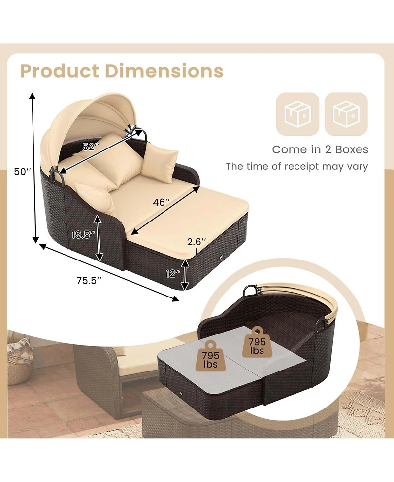 Patio Pe Rattan Daybed with Retractable Canopy Soft Cushions and Extra Pillows