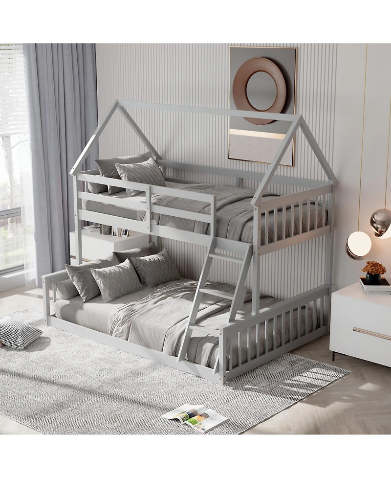 House Bunk Bed with Ladder, Guardrails, and Playhouse Design for Kids Bedroom Furniture
