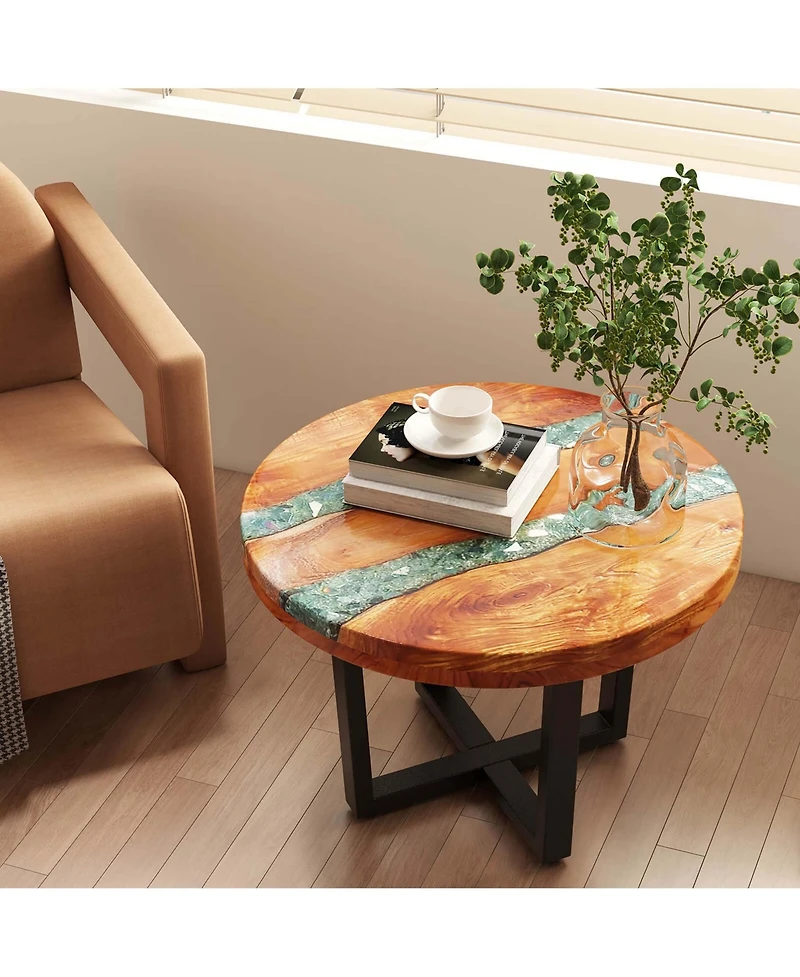 24" Round Teak Wood End Table with Epoxy Resin Tabletop Mahogany Base for Patio