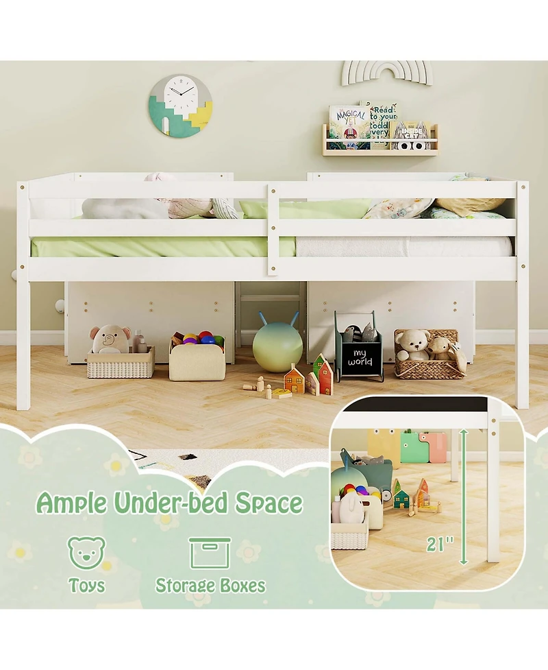 Twin Low Loft Bed with Ramp Ladder & Bookcases Full-length Safety Guardrail