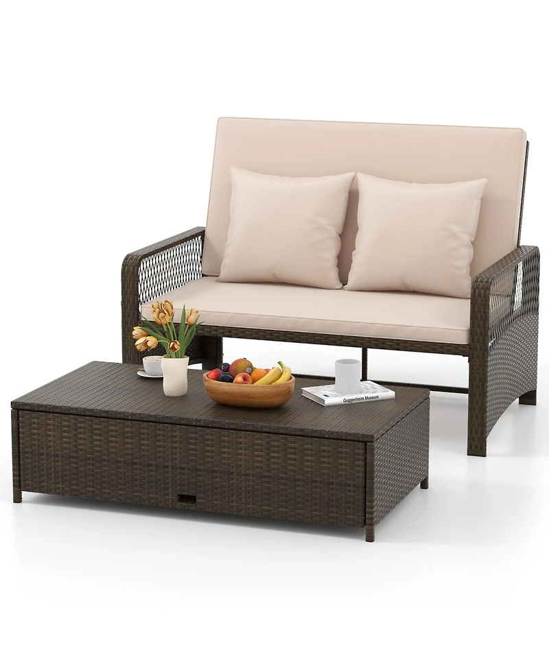 Patio Adjustable Wicker Daybed with 4-Level Backrest and Soft Cushions