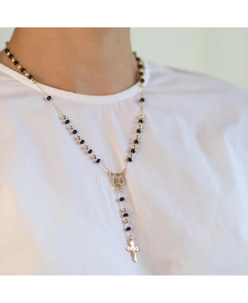 Bling Jewelry Religious Black & Gold Bead Rosary Necklace with Virgin Mary & Crucifix Cross