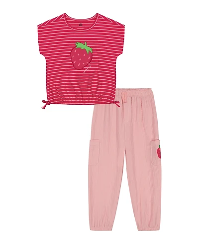 Kids Headquarters Toddler and Little Girls 2-Piece Strawberry Stripes Drawstring Hem Top and Muslin Cargo Pant Set