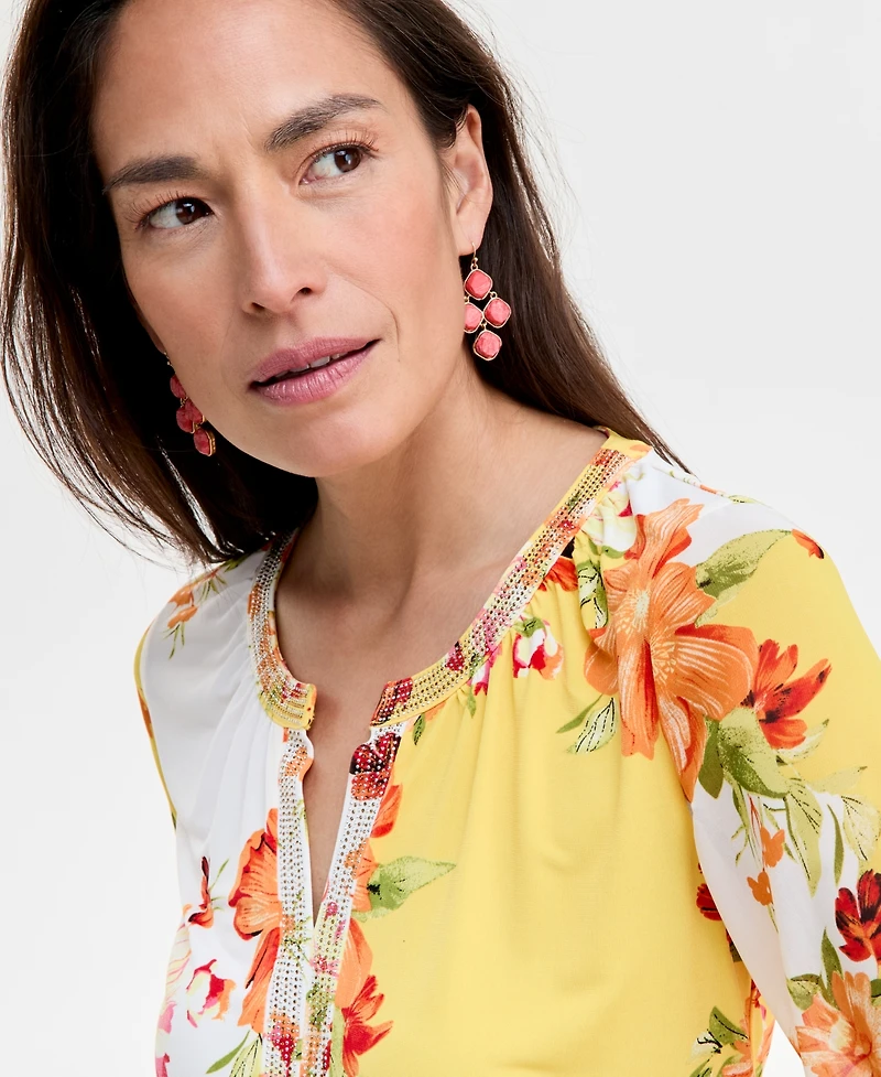 Jm Collection Women's Printed Embellished Split-Neck Top, Exclusively at Macy's