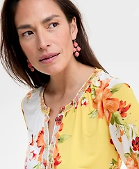 Jm Collection Women's Printed Embellished Split-Neck Top, Exclusively at Macy's