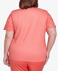Alfred Dunner Plus Catalina Island Lace Trimmed Textured Crew Neck Top