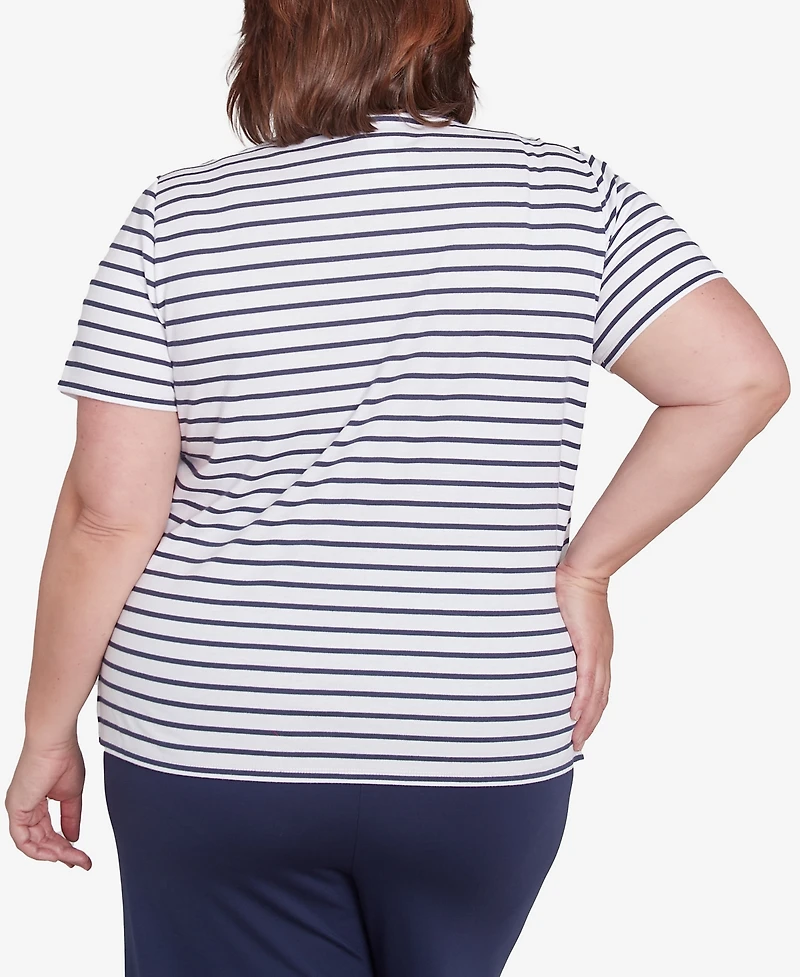 Alfred Dunner Plus Size Nantucket Beaded Floral Striped Crew Neck T-Shirt
