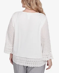 Alfred Dunner Plus Size Estate of Mind Embroidered Floral Eyelet Trim Top